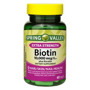 Suplemento dietético en comprimidos de biotina más queratina de Spring Valley Extra Strength, 10 000 mcg, 60 unidades